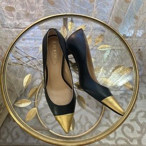 Lauren Ralph, LAUREN Lynette, black leather pump with gold toe